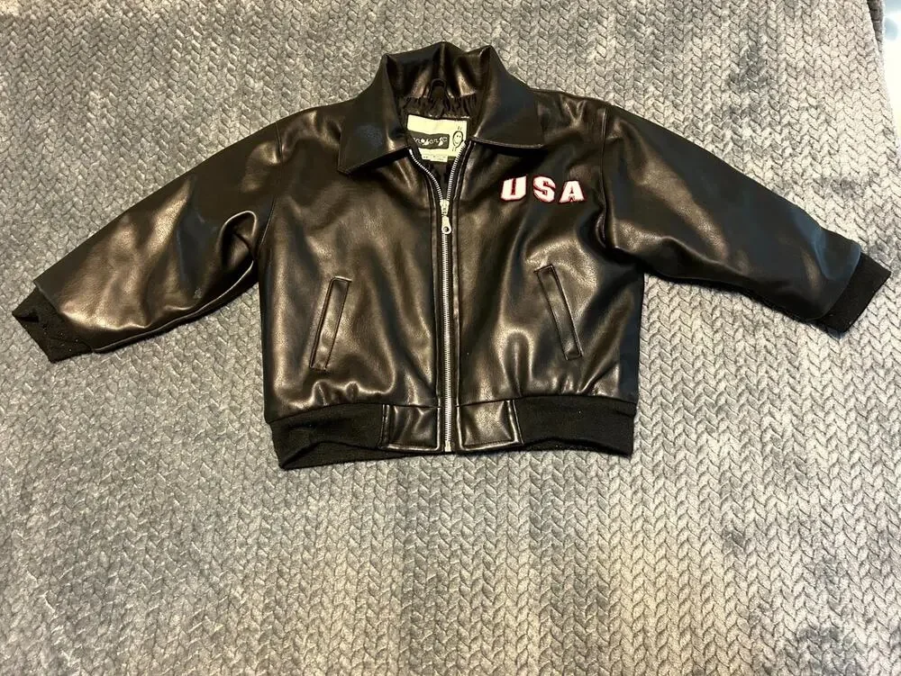 Innocense Simulated Leather Biker Jacket Toddler 7T Black USA Flag Eagle Graphic